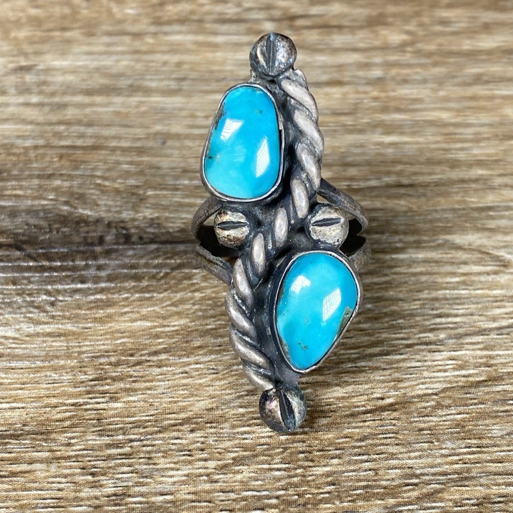 2 Stone Turquoise Navajo Sterling Silver Rope Twist RING Native American VTG